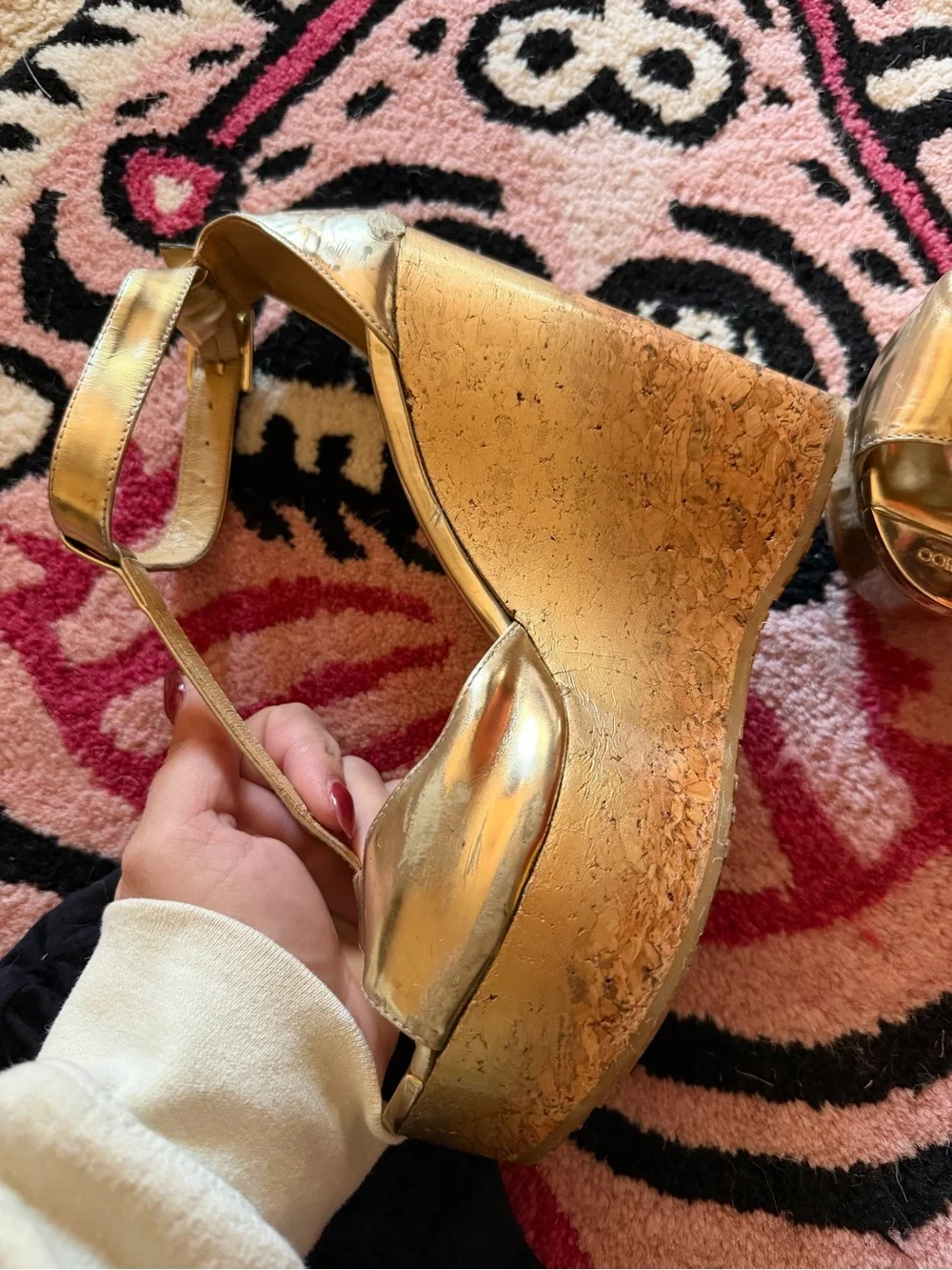 Jimmy Choo Metallic Gold Wedge Sandals with Ankle Strap